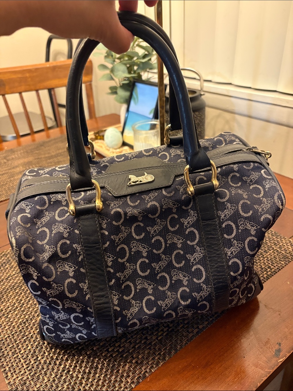 Celine dark blue Navy C-Pattern Duffel Satchel bag